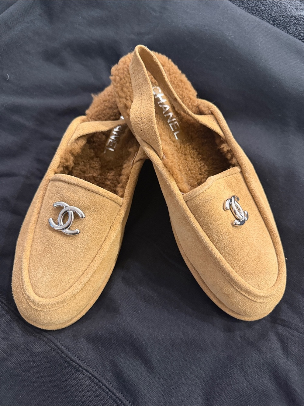 CHANEL Tan Suede Shearling-Lined Slip-On Loafers with Silver CC